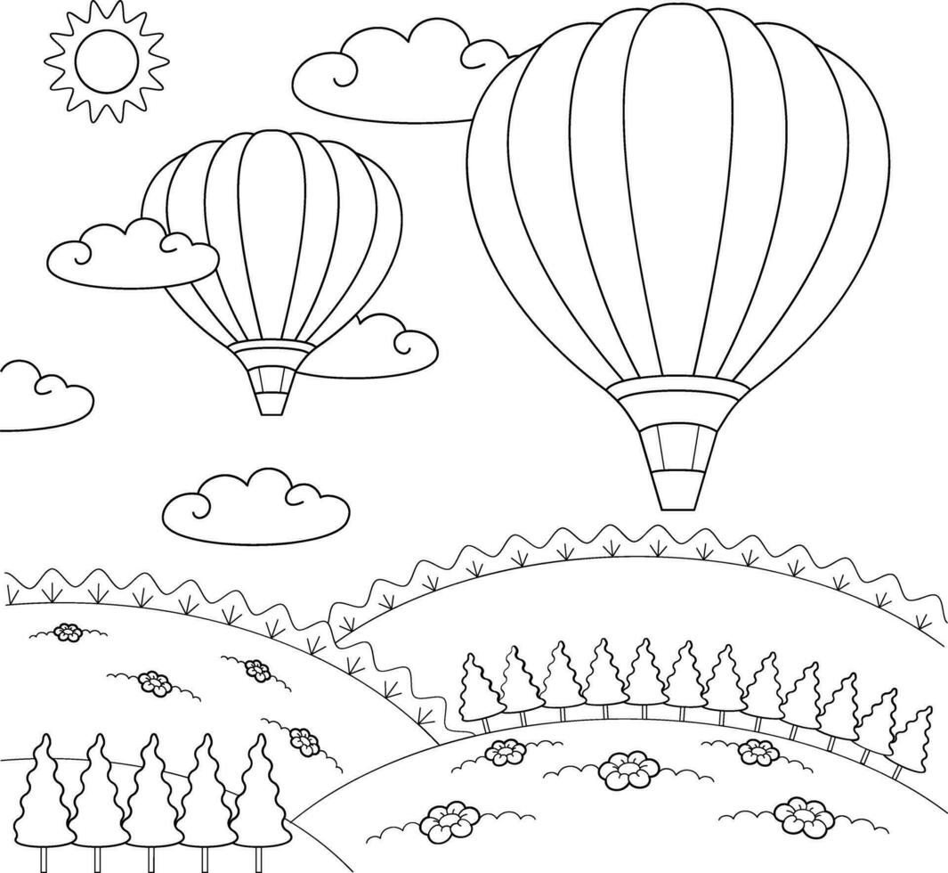 ligne art illustration de chaud air des ballons en volant dans le ciel. vecteur illustration.coloriage livre pour les enfants