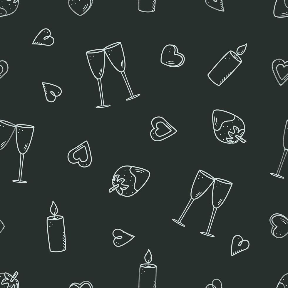 concept d'icônes de modèle sans couture de la saint-valentin. vecteur doodle accessoires romantiques bougies coeurs verres de vin, cadeau chocolat fraise,