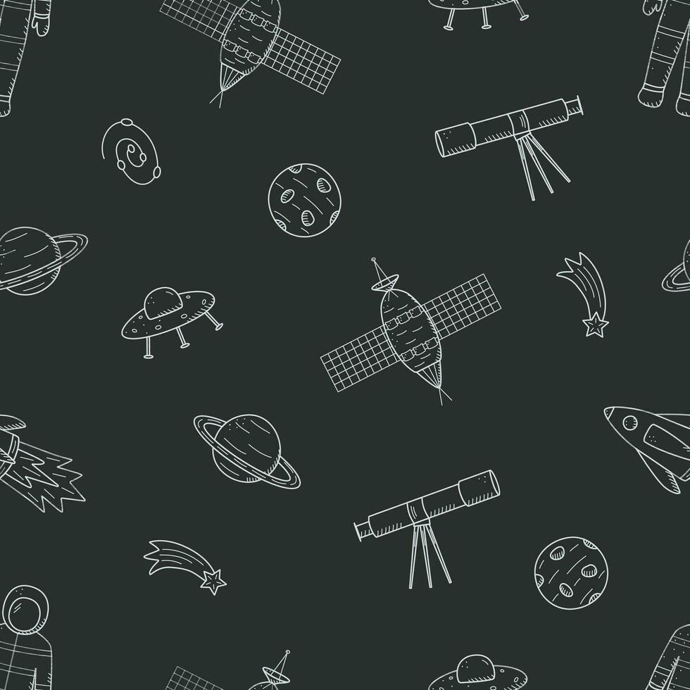 cosmos doodle est un ensemble d'illustrations vectorielles. icônes de modèle sans couture d'éléments spatiaux fusée cosmonaute étoiles satellite télescope comète vecteur