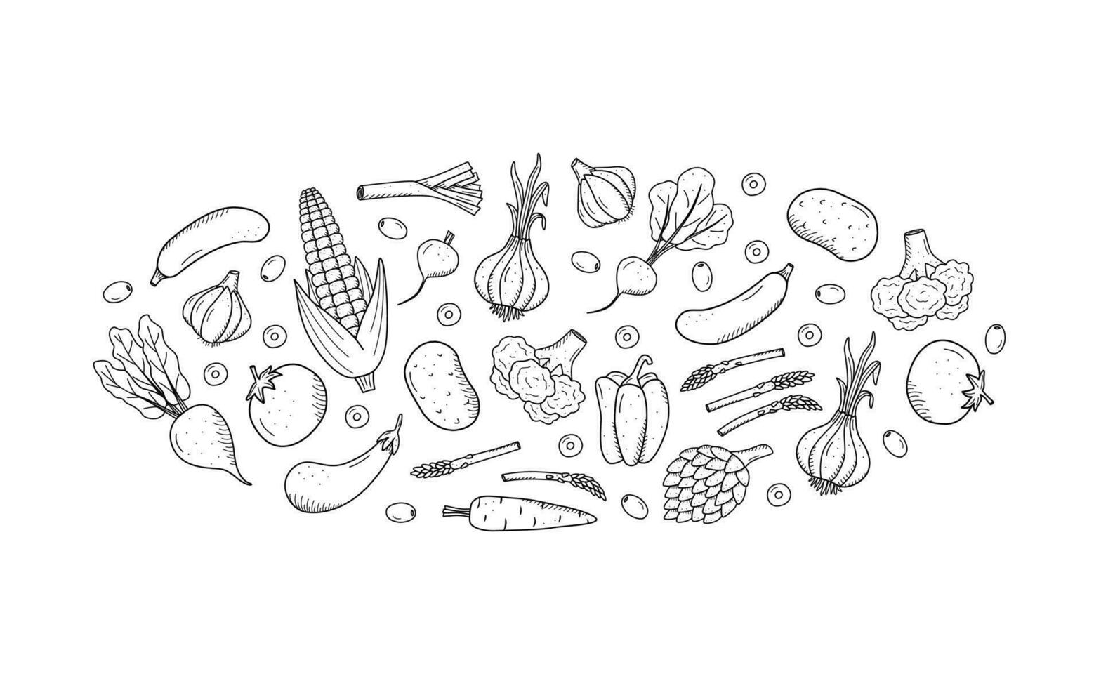 collection de dessin des légumes dans griffonnage style. une ensemble de vecteur des illustrations de le récolte blé patates carottes des radis betteraves Ail oignons tomates, etc.