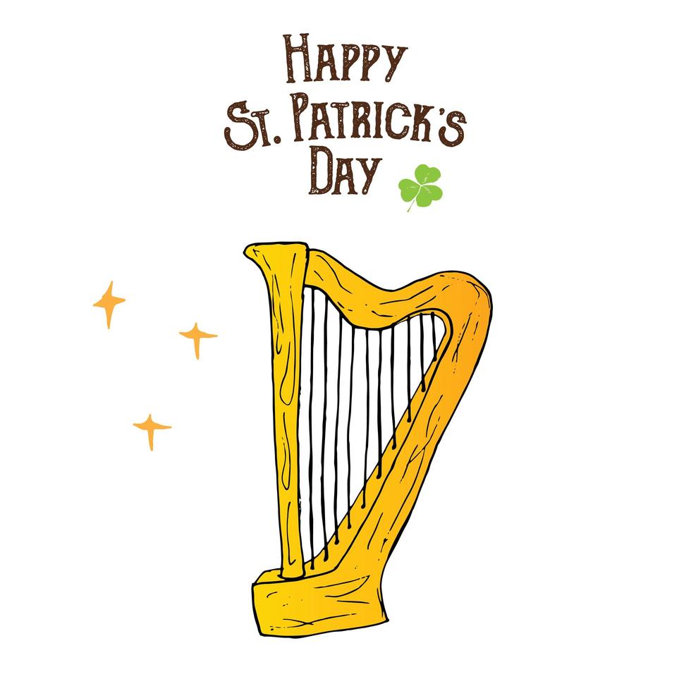 St patricks day dessiné à la main doodle harpe celtique, illustration vectorielle isolée sur blanc vecteur