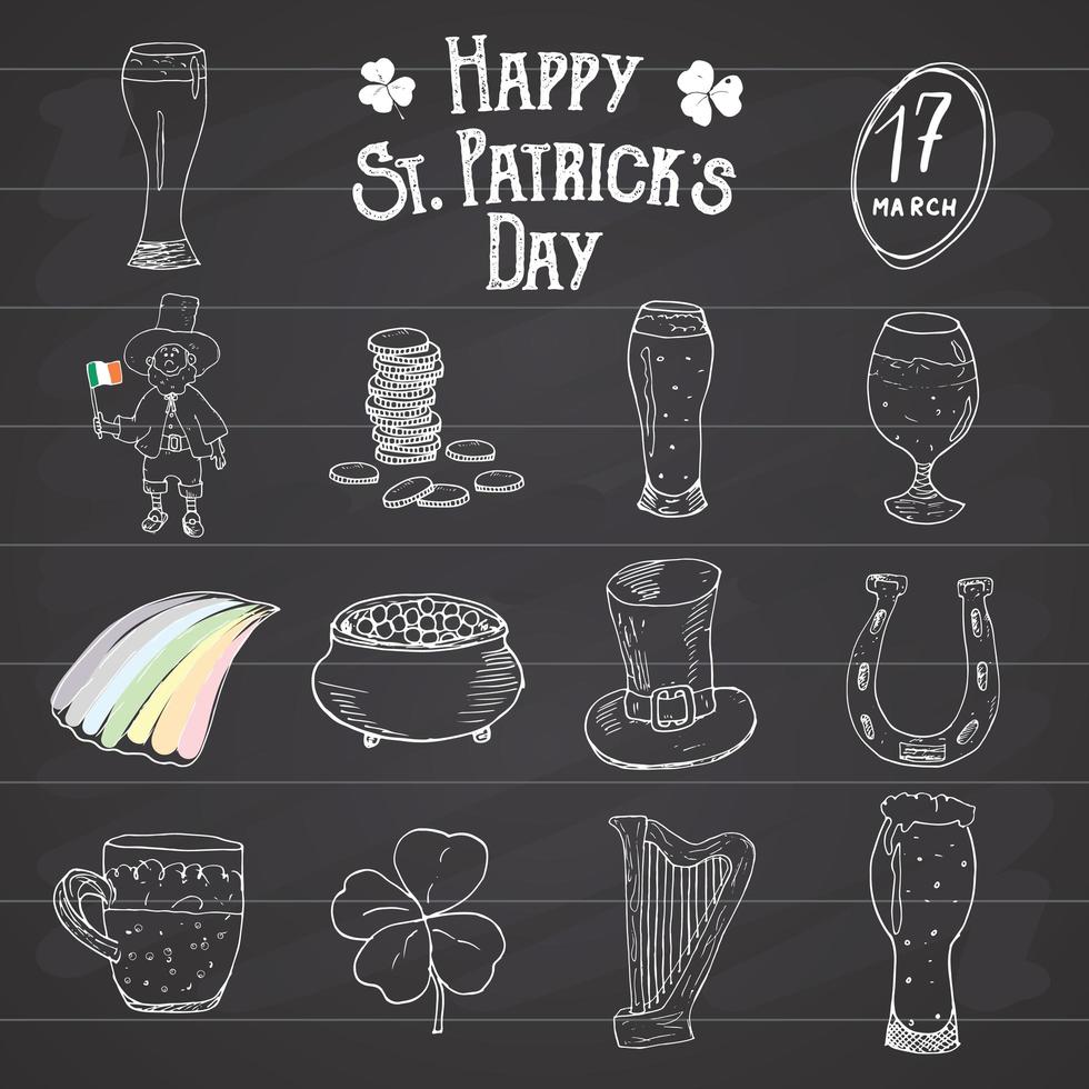 Ensemble d'icônes de doodle dessinés à la main st patricks day, avec lutin, pot de pièces d'or, arc-en-ciel, bière, trèfle à quatre leef, fer à cheval, harpe celtique et drapeau de l'irlande vector illustration sur tableau noir