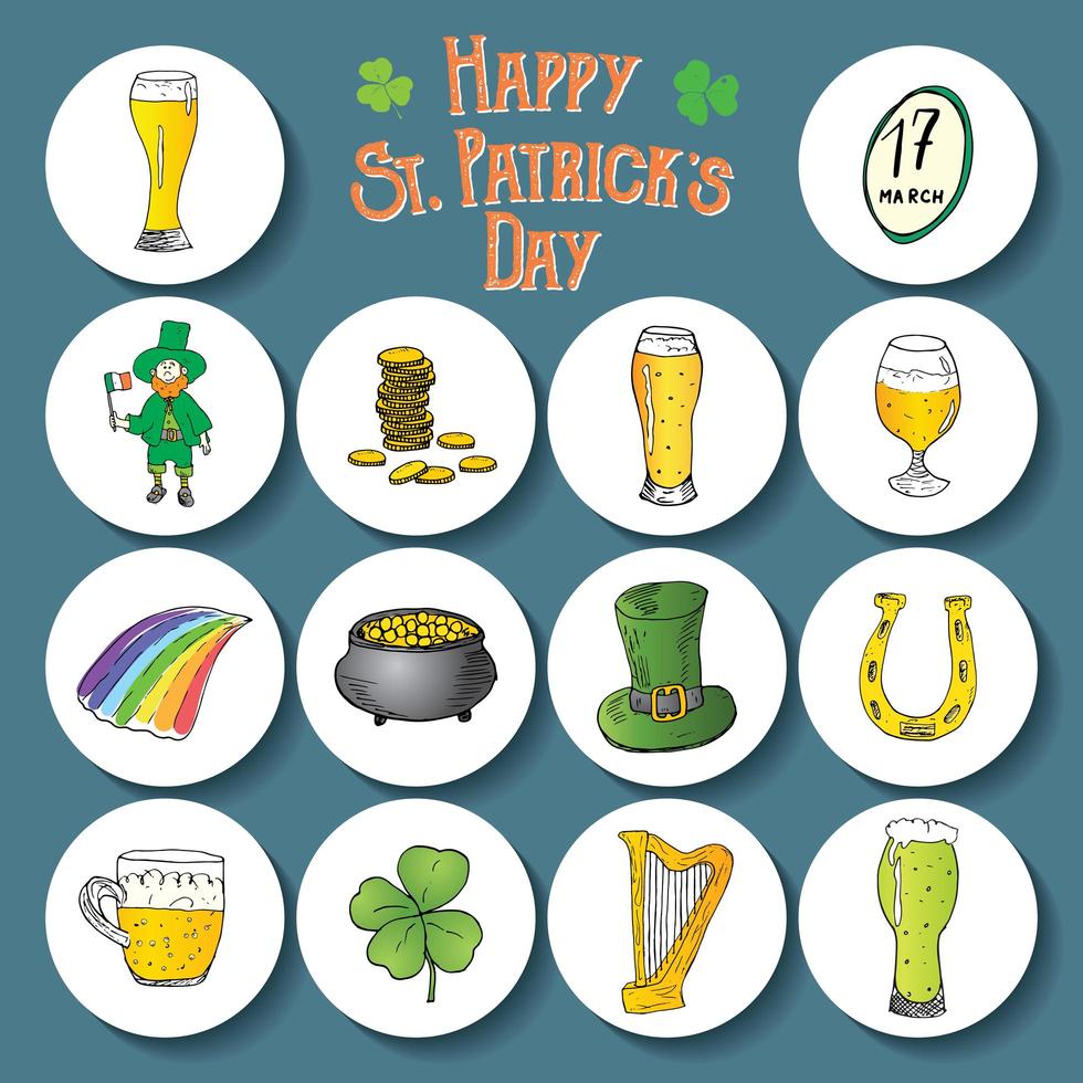 Ensemble d'icônes de doodle dessinés à la main de la Saint-Patrick, avec leprechaun, pot de pièces d'or, arc-en-ciel, bière, trèfle à quatre leef, fer à cheval, harpe celtique et drapeau de l'illustration vectorielle de l'Irlande. vecteur