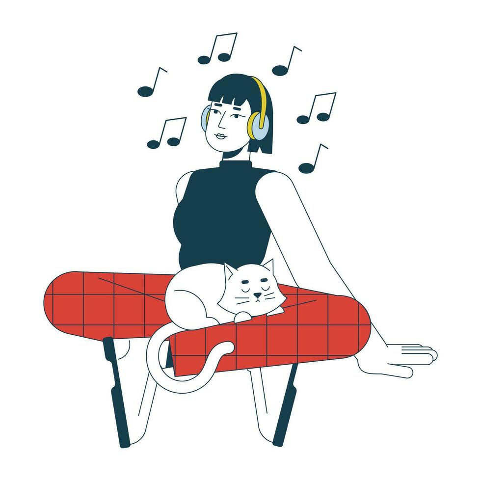 écoute la musique plat ligne vecteur place illustration. asiatique écouteurs fille avec chat 2d dessin animé contour personnage sur blanc pour la toile ui conception. profiter Beats modifiable isolé coloré héros image