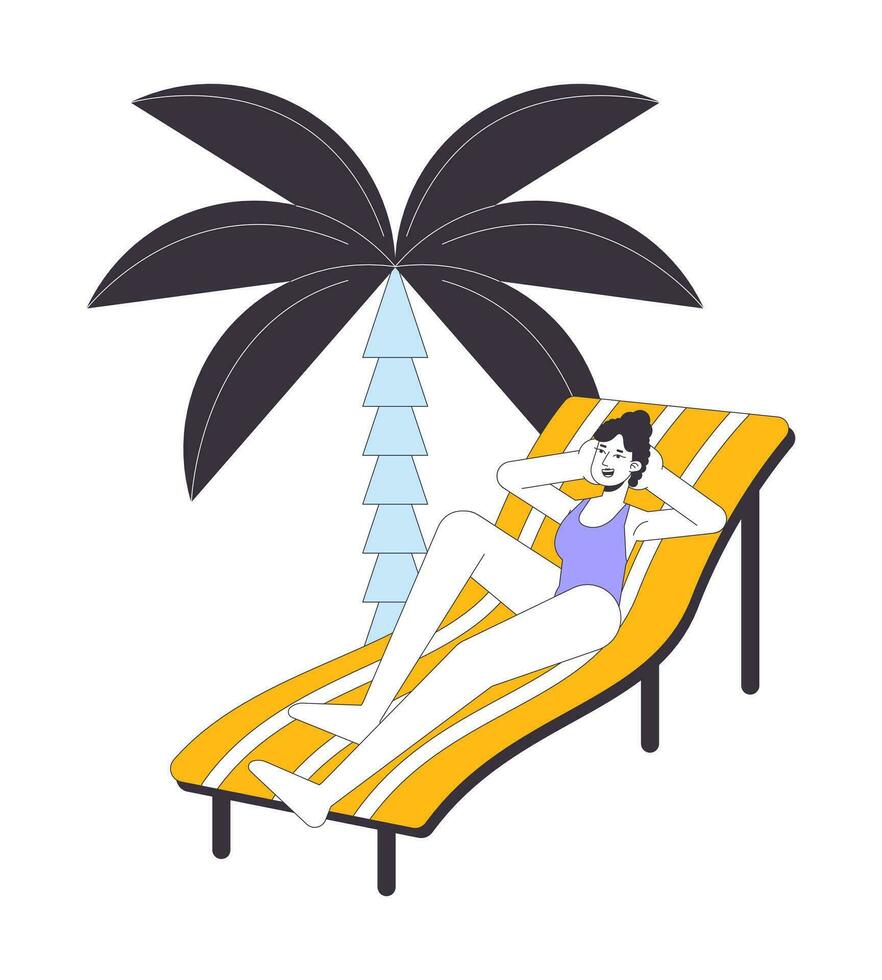bain de soleil sur plage plat ligne vecteur place illustration. caucasien maillot de bain femme sur salon chaise 2d dessin animé contour personnage sur blanc pour la toile ui conception. modifiable isolé coloré héros image