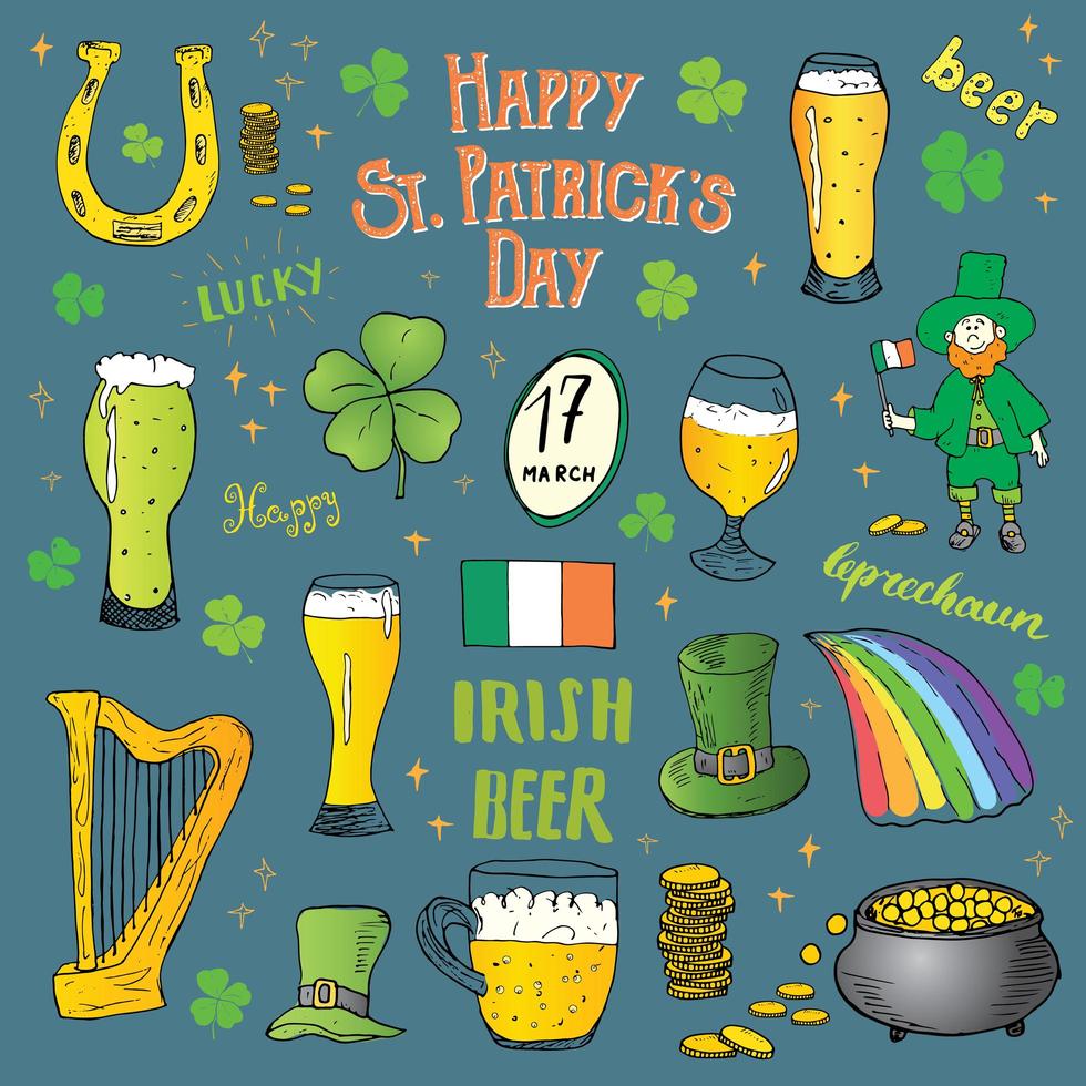 ensemble de doodle dessinés à la main st patricks day, avec leprechaun, pot de pièces d'or, arc-en-ciel, bière, trèfle à quatre feuilles, fer à cheval, harpe celtique et drapeau de l'illustration vectorielle de l'Irlande vecteur