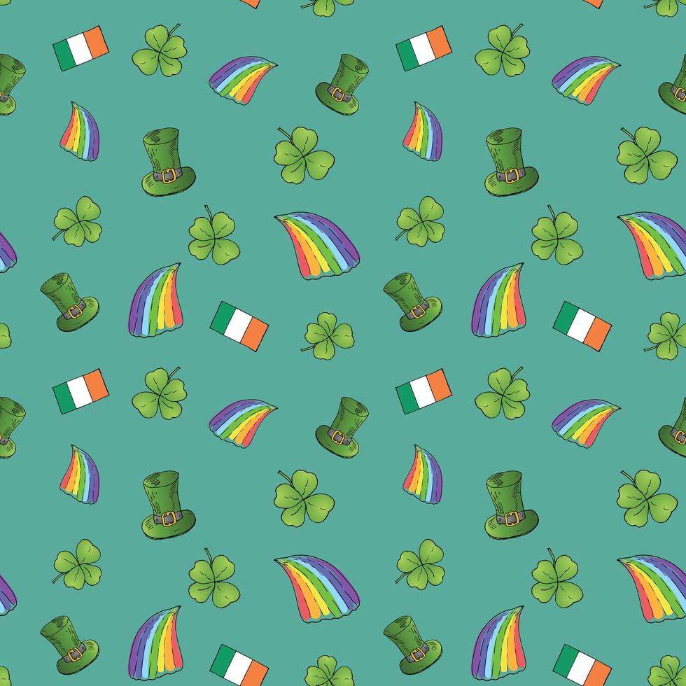 modèle sans couture de doodle dessinés à la main de la Saint-Patrick, avec chapeau de lutin, arc-en-ciel, trèfle à quatre feuilles, drapeau de fond d'illustration vectorielle irlande. vecteur