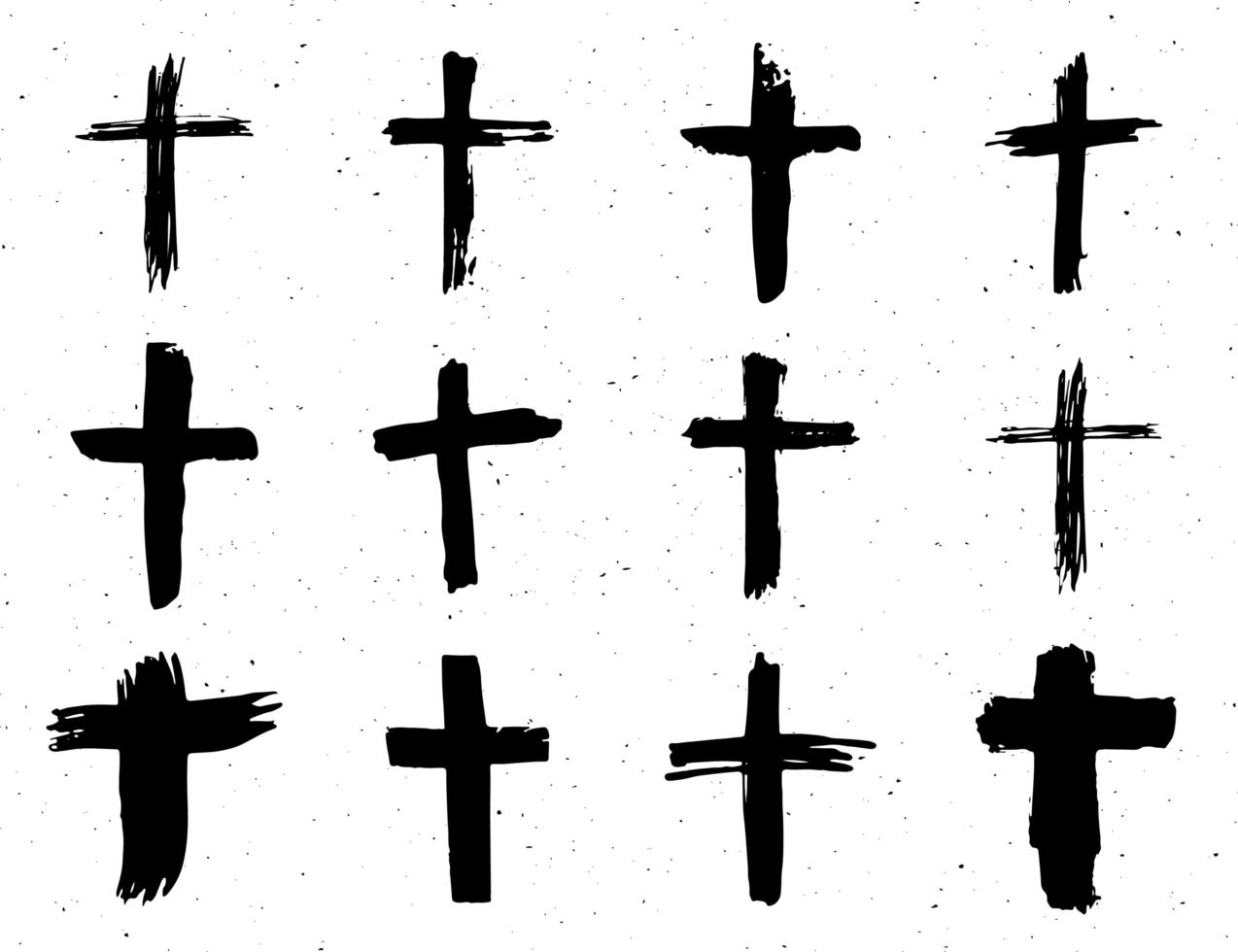 ensemble de symboles croisés dessinés à la main grunge. croix chrétiennes, icônes de signes religieux, illustration vectorielle de crucifix symbole isplated sur fond blanc. vecteur