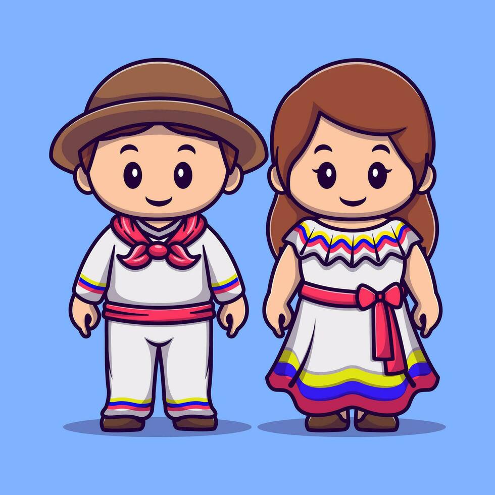 mignonne colombie fille et garçon dans traditionnel robe pays dessin animé vecteur icône illustration