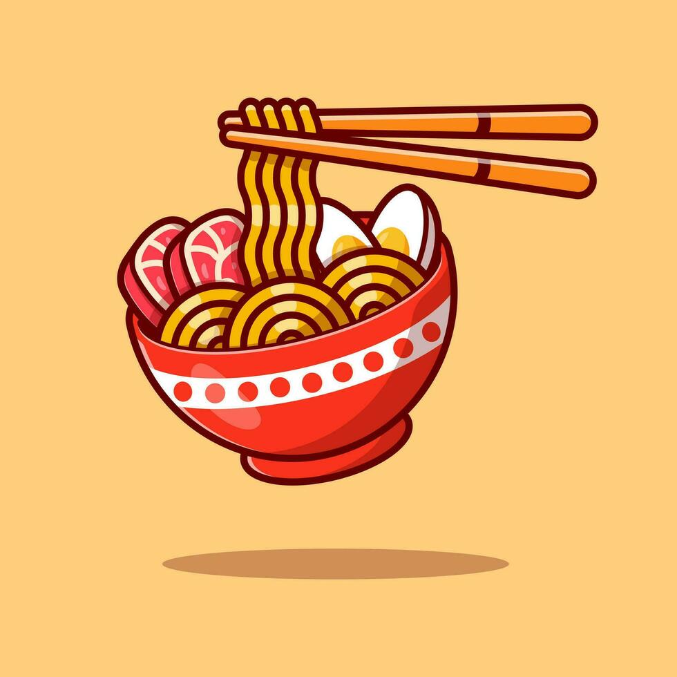 ramen nouille Oeuf et Viande avec baguettes icône vecteur dessin animé illustration