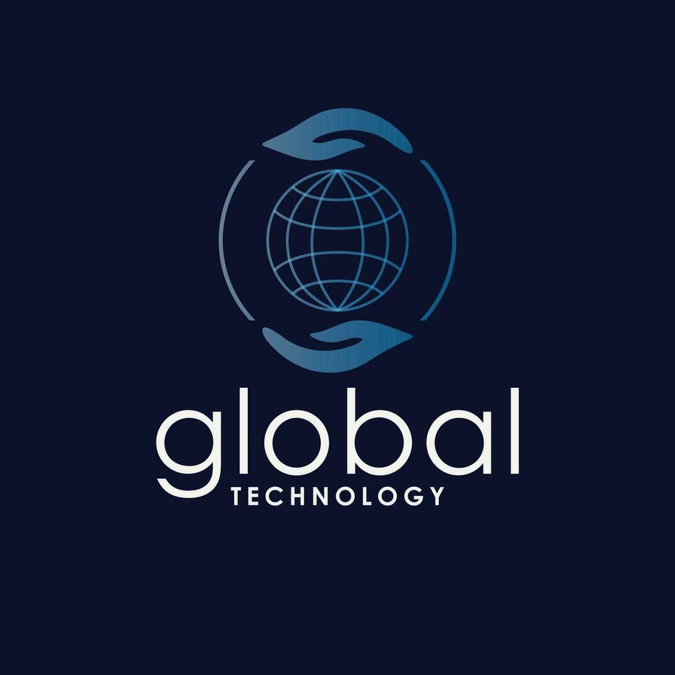 global La technologie vecteur logo conception. globe et mains symbole logotype. technologie logo modèle avec main.