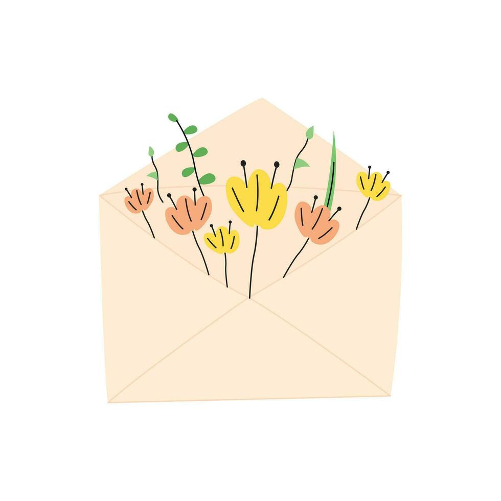 mignonne dessin animé illustration de enveloppe avec fleurs dans Jaune et rose couleur. les plantes dans enveloppe griffonnage. vecteur