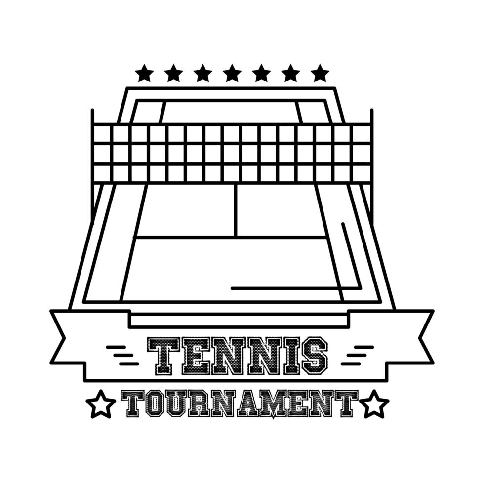 tennis court sport avec ruban et icône de style de ligne de lettrage vecteur