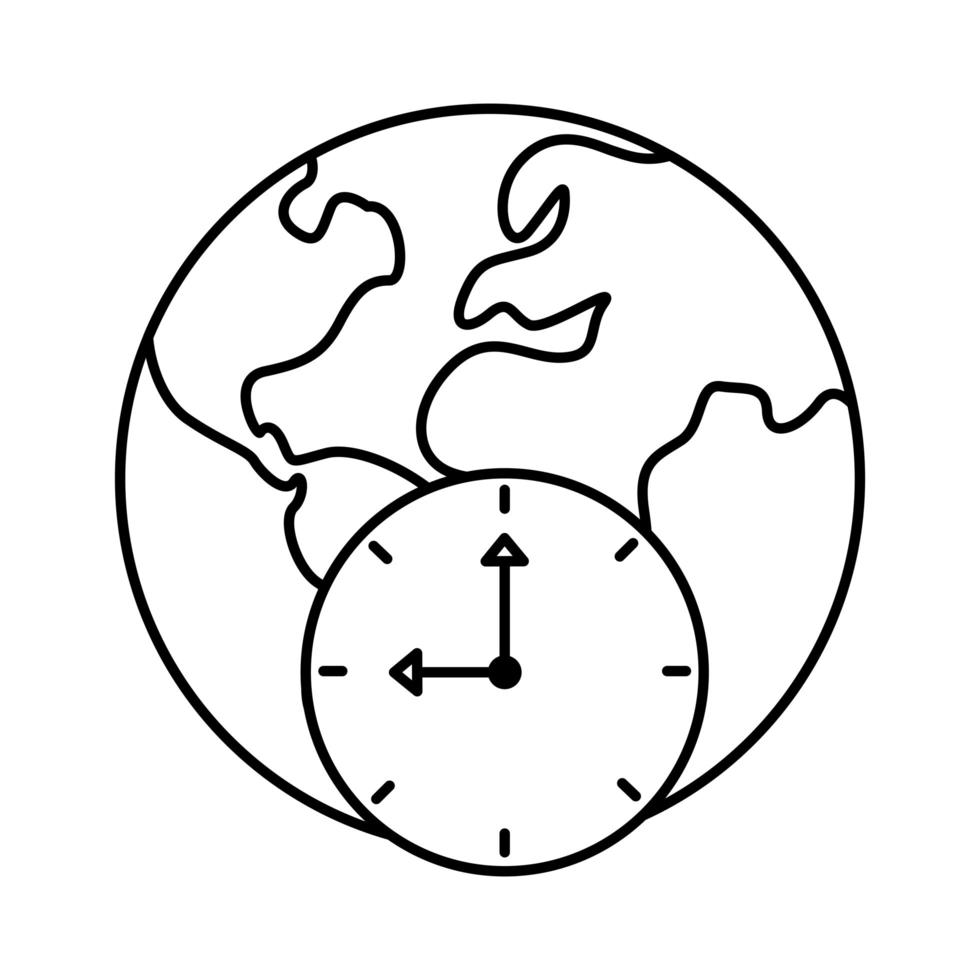 monde planète terre avec continents et icône de style de ligne horloge temps vecteur