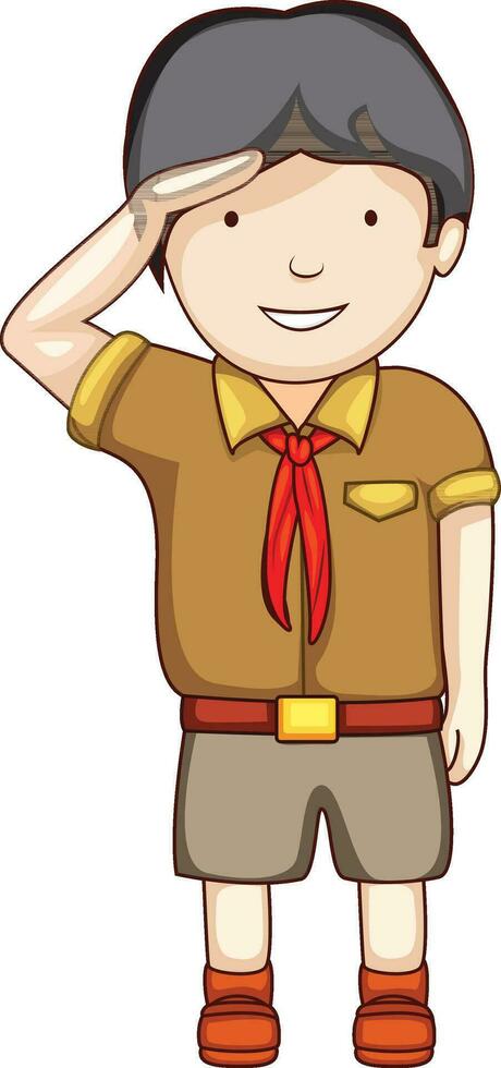 mignonne peu garçon dans scout uniforme et saluant. vecteur