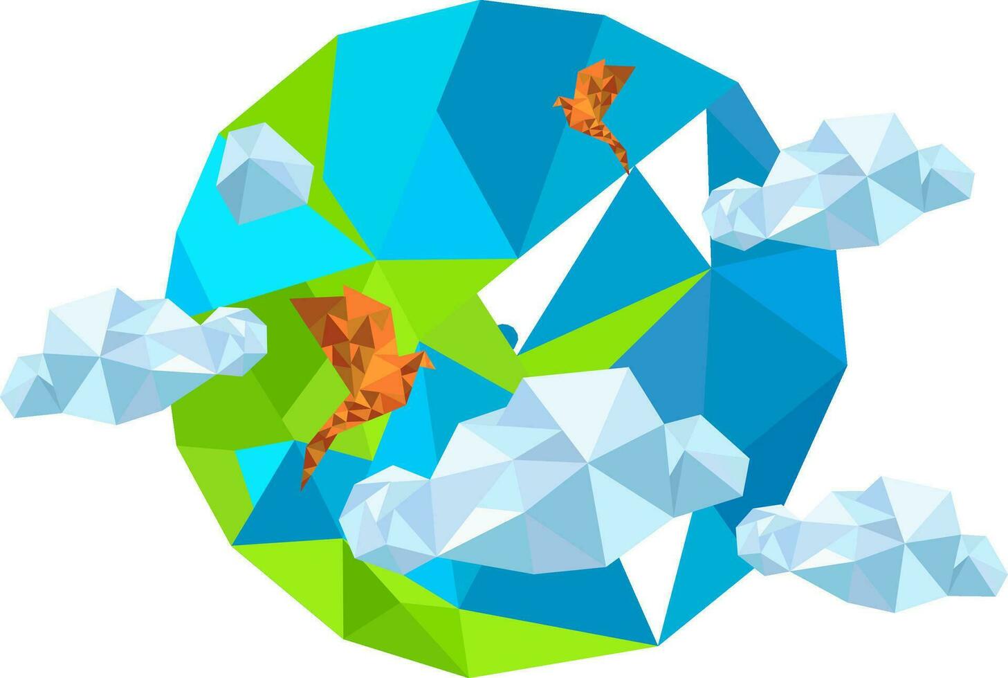 abstrait polygonal globe avec des nuages et des oiseaux. vecteur