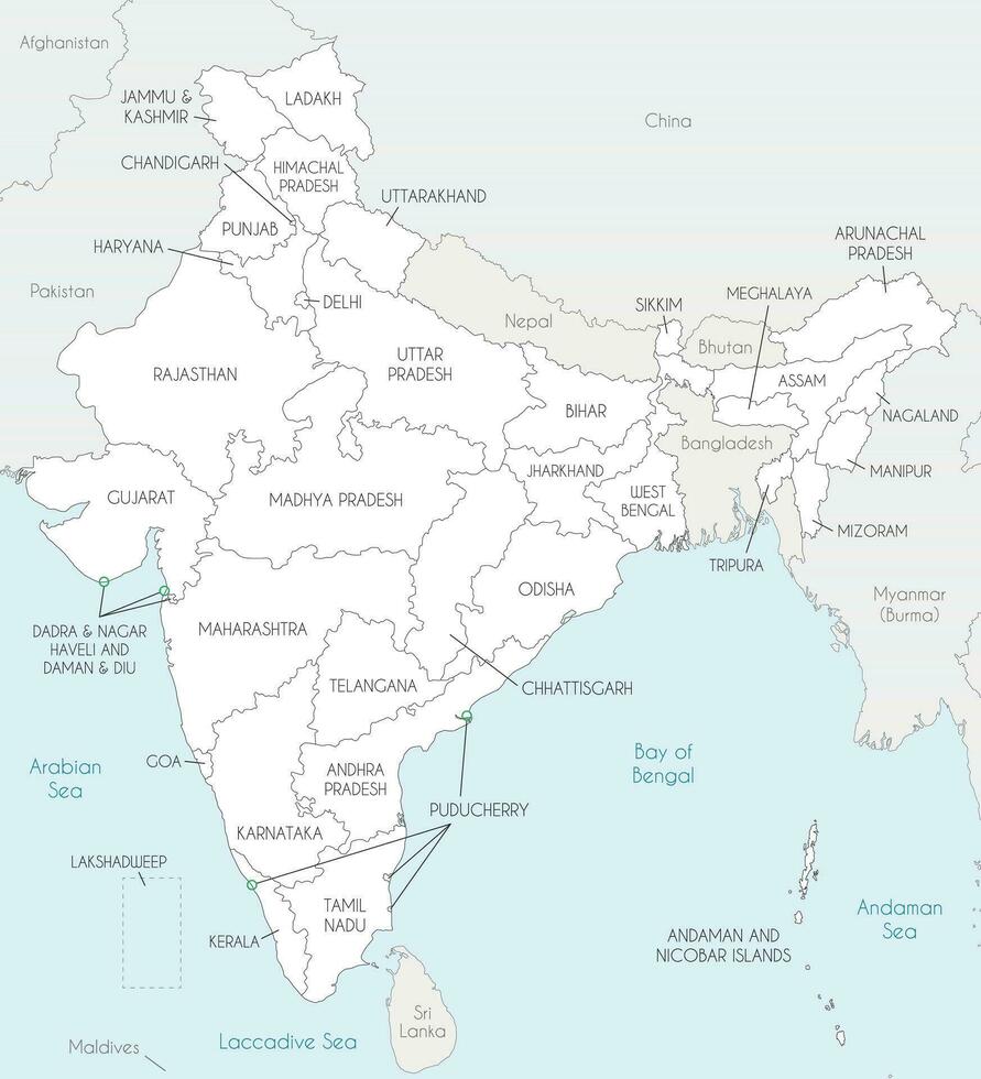 vecteur carte de Inde avec États et territoires et administratif divisions, et voisin des pays. modifiable et clairement étiqueté couches.
