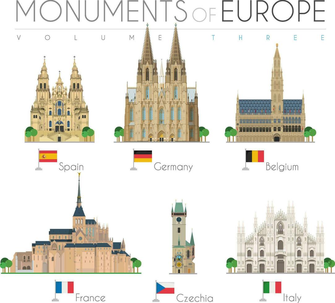 les monuments de L'Europe  dans dessin animé style vol 3. Santiago de compostelle cathédrale-espagne, eau de Cologne cathédrale, Bruxelles ville entrée, Saint Michel, astronomique l'horloge la tour, et duomo milan. vecteur illustration