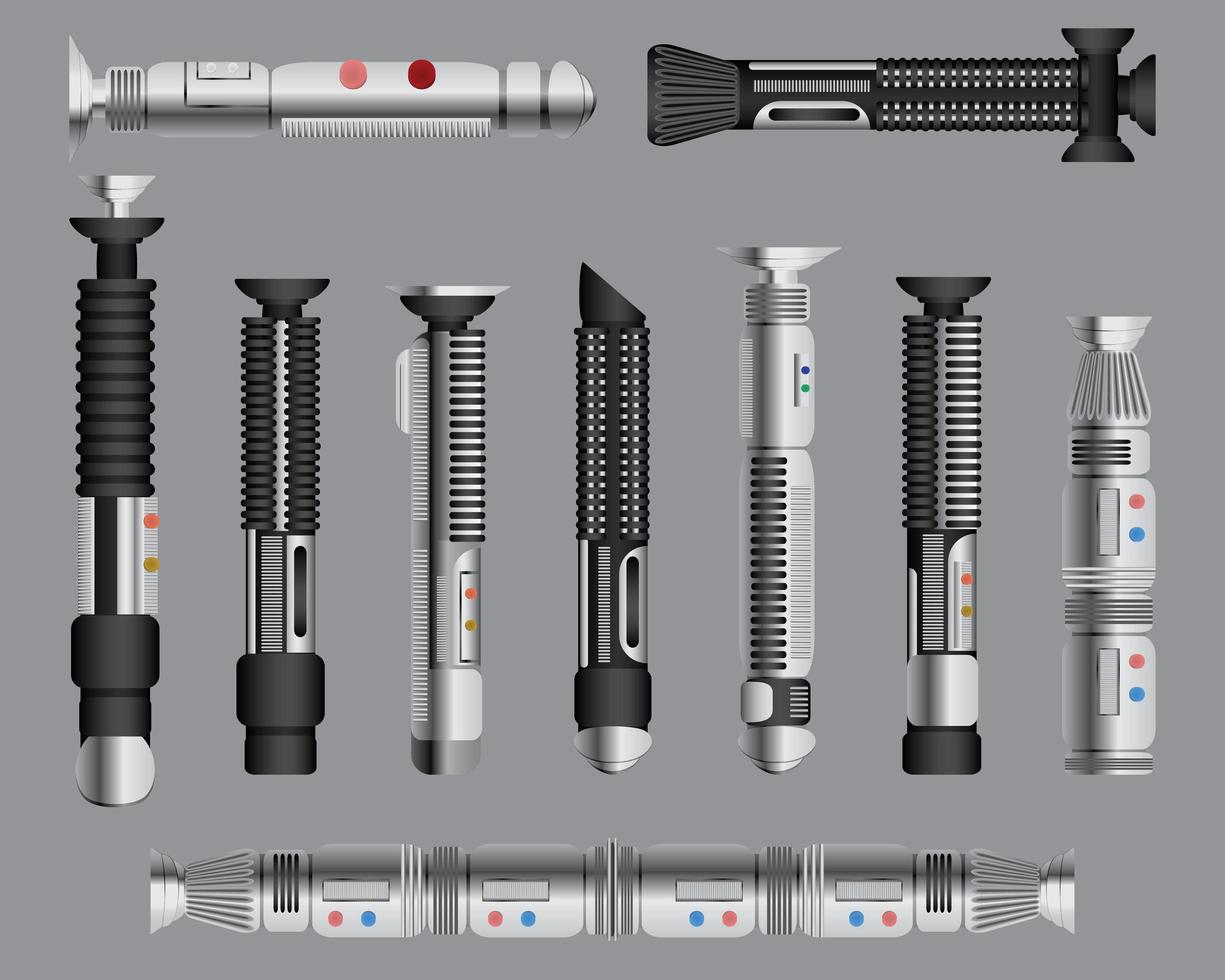 ensemble de poignées épées légères. arme de science-fiction de mêlée futuriste, instruments de combat au néon brillant cosmique, illustration vectorielle isolé vecteur