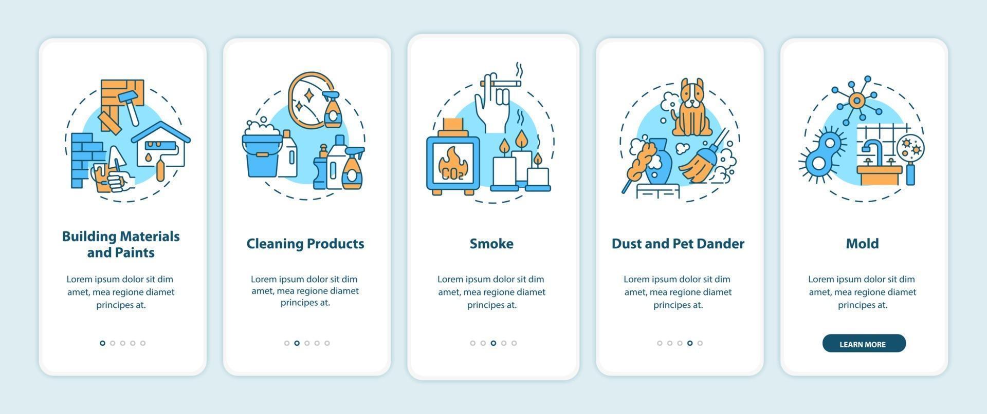 Écran de la page de l'application mobile d'intégration de la pollution de l'air intérieur avec des concepts vecteur