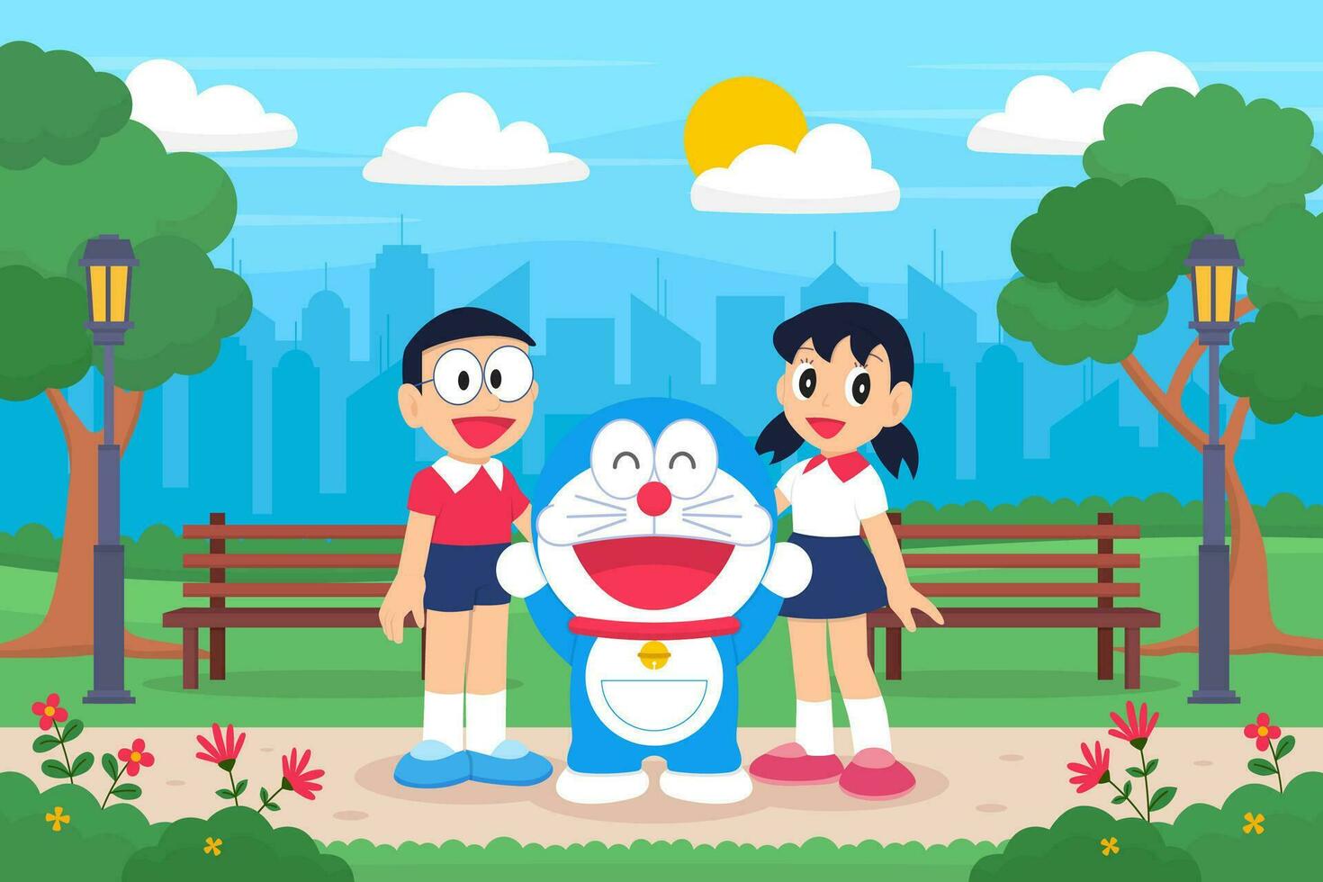 garçon et fille sourire ensemble dans le parc avec leur robot chat vecteur