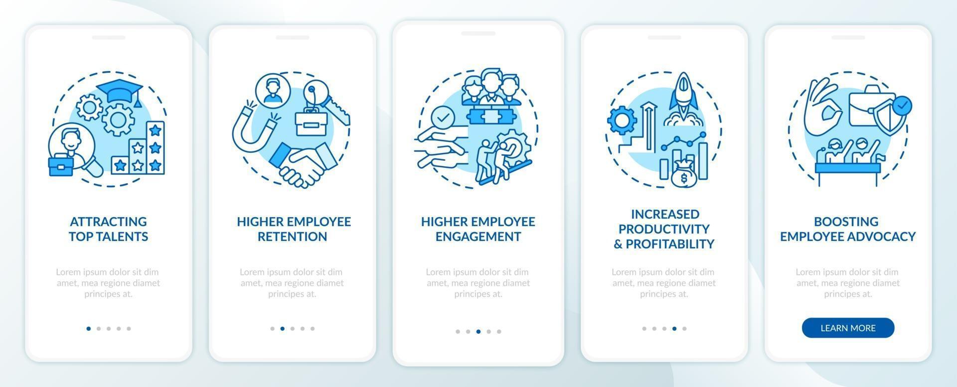 Avantages de la culture d'entreprise Écran de la page de l'application mobile d'intégration avec des concepts vecteur