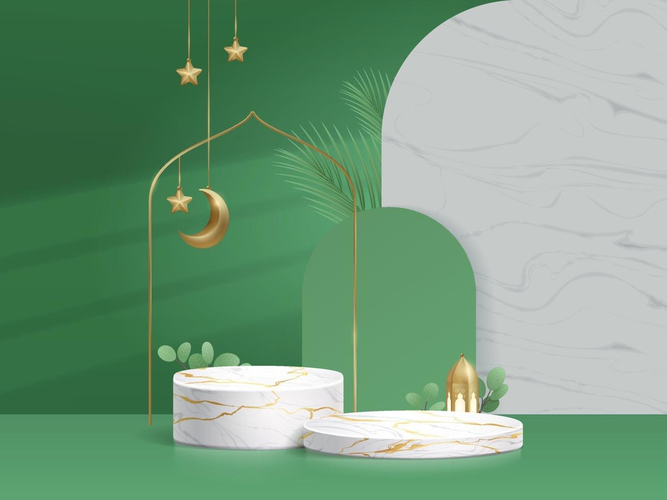 Fond vert d'affichage de produit de podium de l'islam marbel 3d avec feuille de lanterne de croissant de lune vecteur