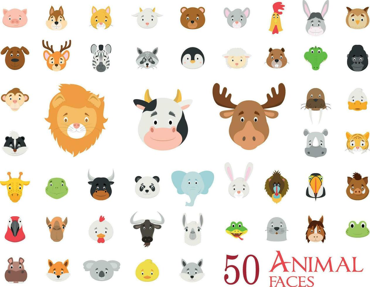 ensemble de 50 animal visages dans dessin animé style vecteur