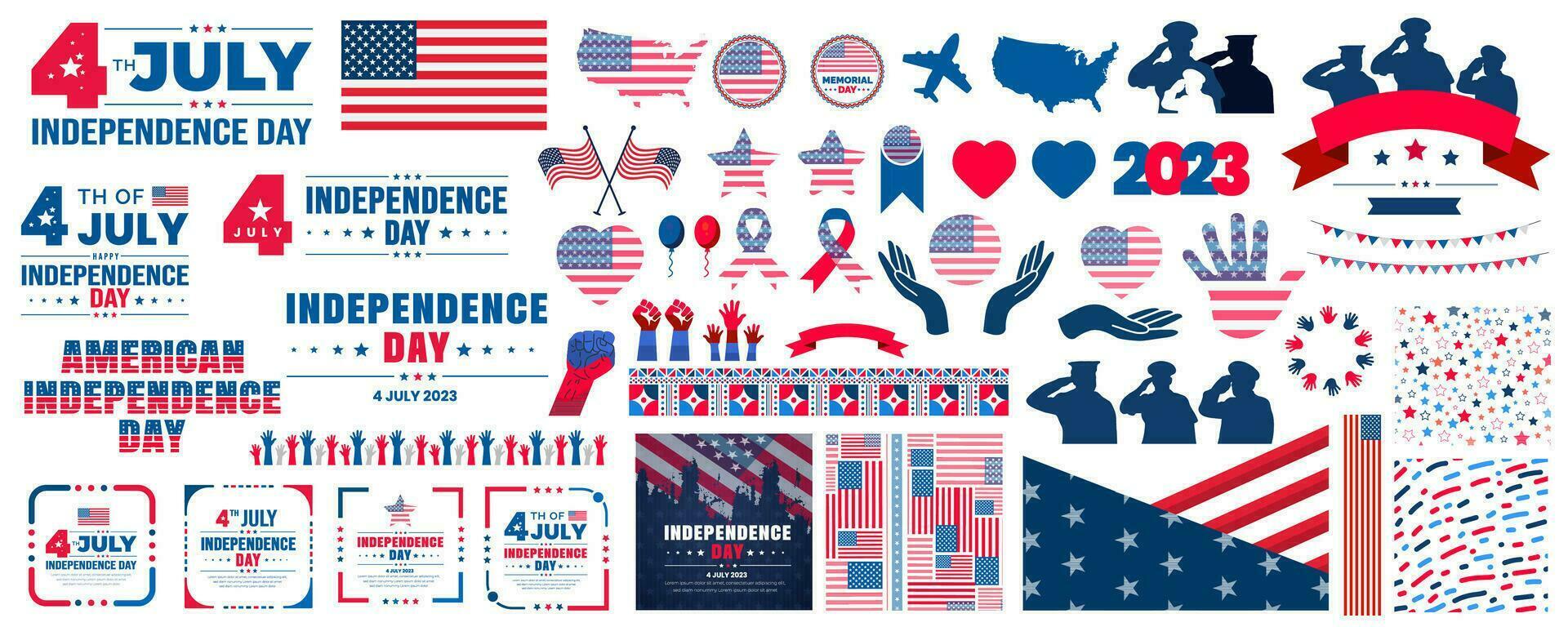 une gros ensemble de Amérique et 4e de juillet et indépendance journée éléments. Etats-Unis drapeau, social médias Publier bannière empaqueter, typographie, modèle arrière-plan, des ballons, et beaucoup plus des illustrations dans un gros empaqueter. vecteur