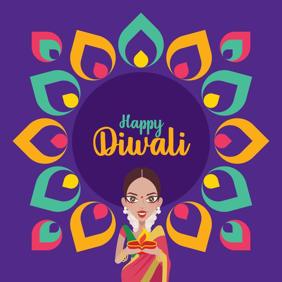 Belle femme indienne mains tenant une lampe à huile diya pour célébrer diwali avec un design rangoli indien coloré vecteur