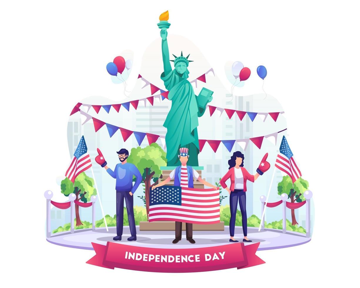les gens nous célèbrent le jour de l'indépendance avec des drapeaux et des ballons heureux 4 juillet nous illustration de la fête de l'indépendance vecteur