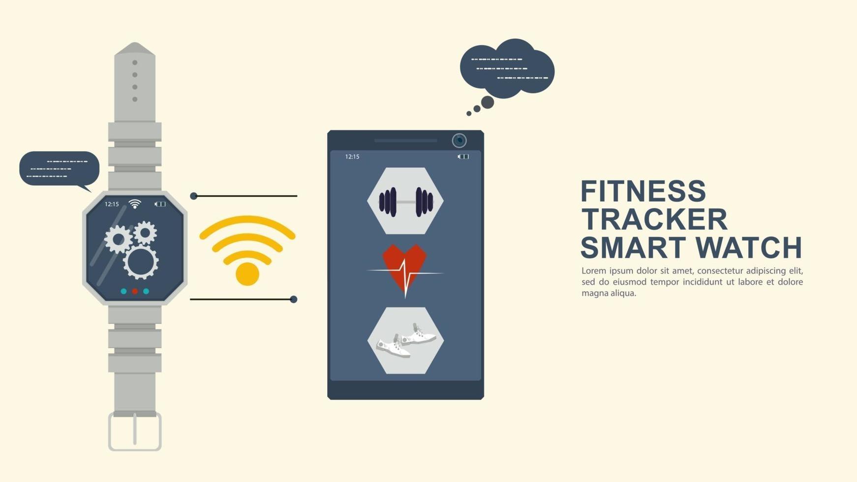 iconographie pour le design plat montre le tracker de fitness se synchronise avec votre téléphone vecteur