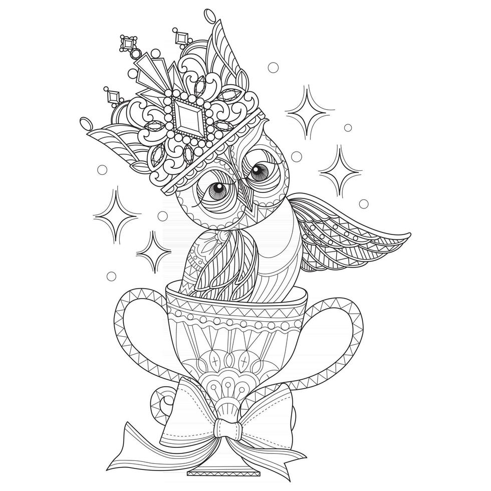 hibou et trophée dessinés à la main pour livre de coloriage adulte vecteur