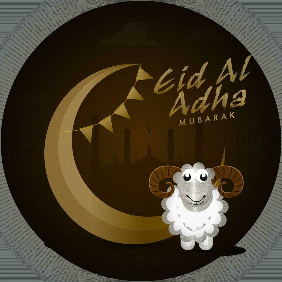 islamique Festival de sacrifice, Aïd al-Adha mubarak fête affiche conception avec d'or croissant lune et dessin animé mouton sur marron silhouette mosquée Contexte. vecteur