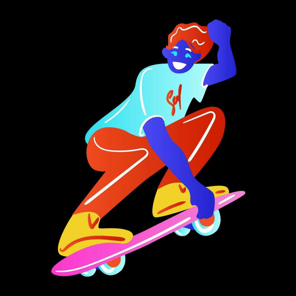 skateur sur noir Contexte. le skateur homme est Faire une astuce. skateur dans brillant néon Couleur T-shirt conception. vecteur illustration