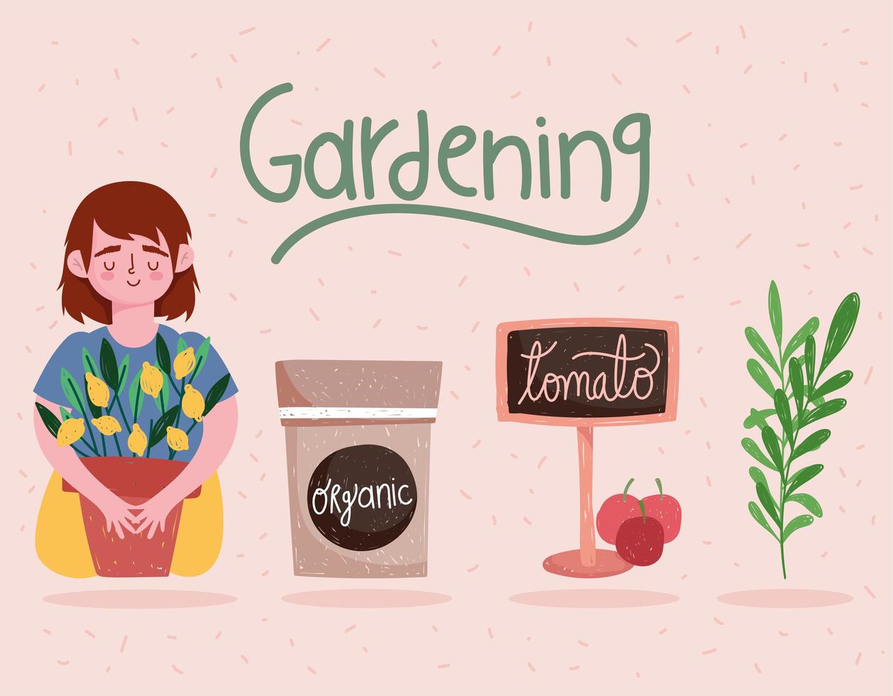 fille de jardinage avec signe de plante et dessin animé de tomates vecteur