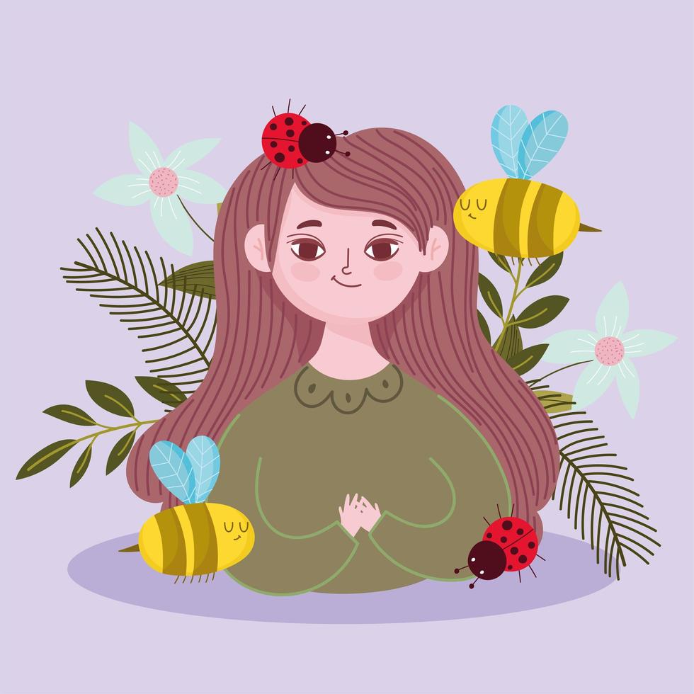 femme, dessin animé, abeille, coccinelles, fleurs, et, printemps vecteur