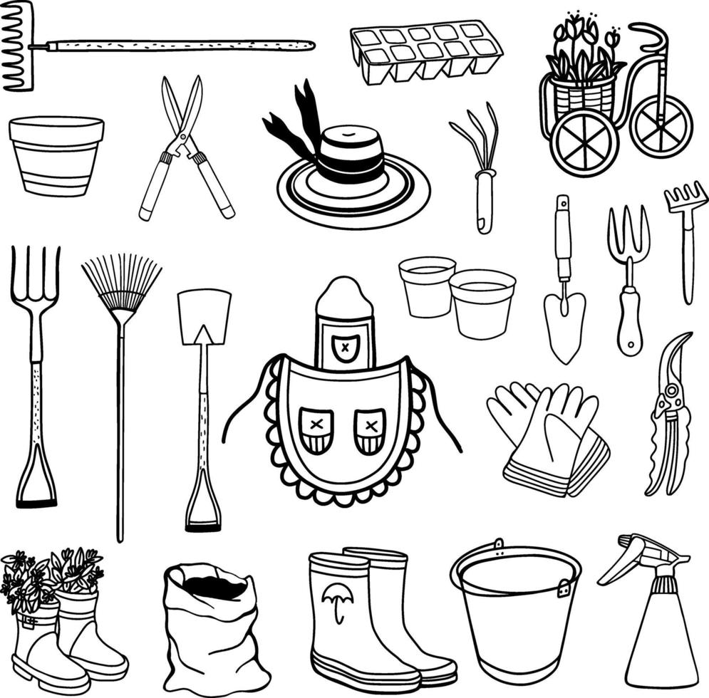 un ensemble d'outils de jardin. équipement de jardiniers illustration vectorielle dans le style de doodle vecteur