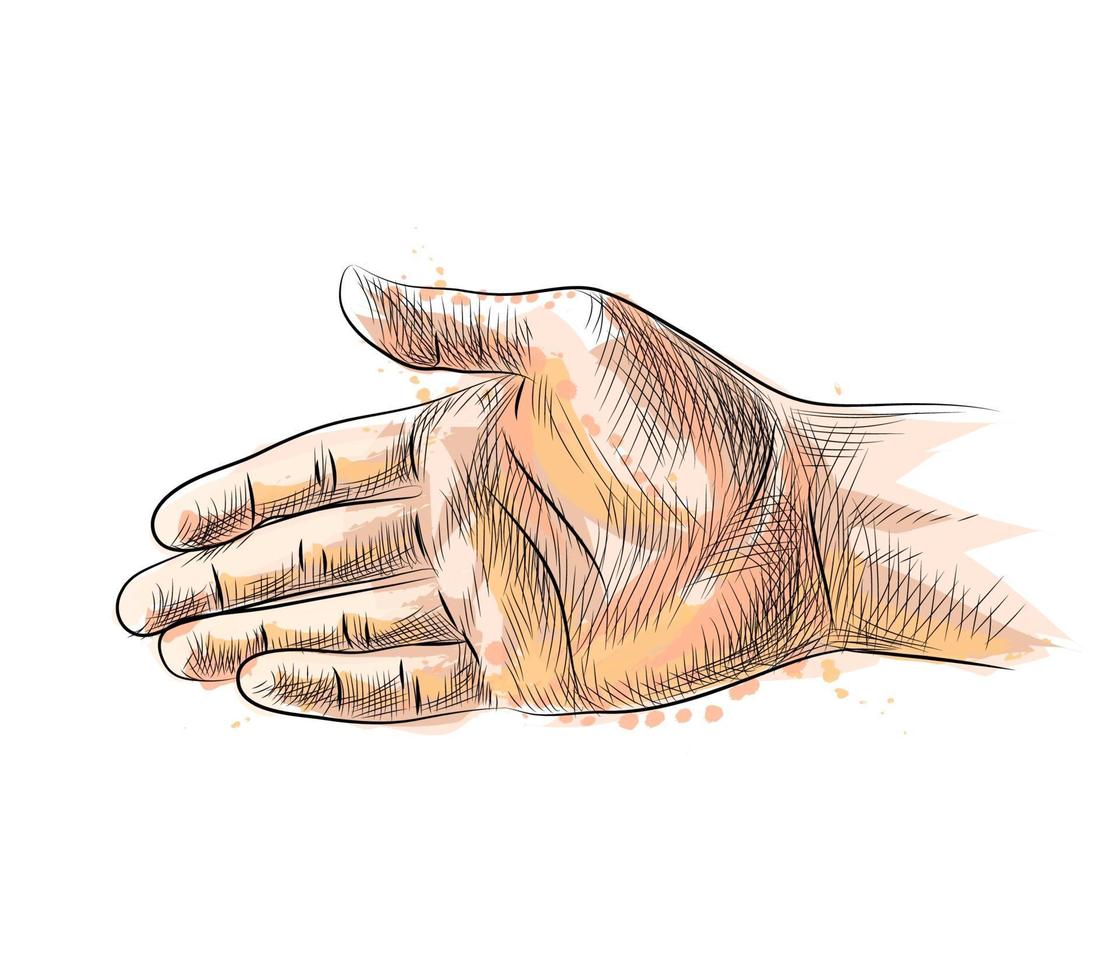 geste de la main qui s'étend de la main à la poignée de main d'une éclaboussure de croquis dessiné main aquarelle illustration vectorielle de peintures vecteur