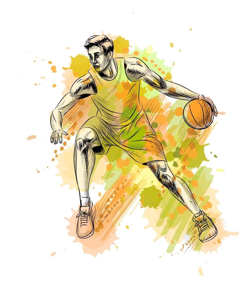 basketteur abstrait avec ballon d'une éclaboussure de croquis dessiné main aquarelle illustration vectorielle de peintures vecteur