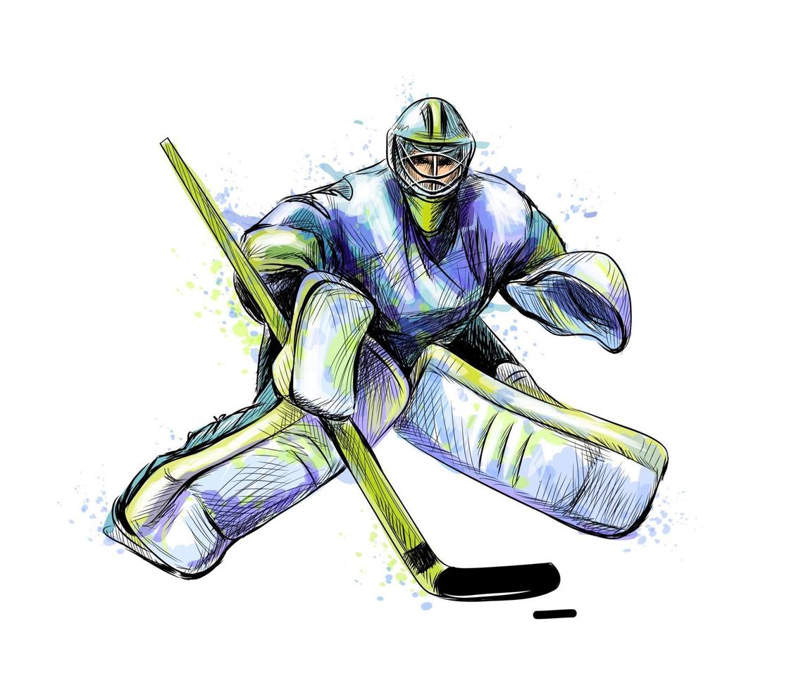 gardien de but de hockey abstrait des éclaboussures d'aquarelles croquis dessinés à la main sport d'hiver illustration vectorielle de peintures vecteur