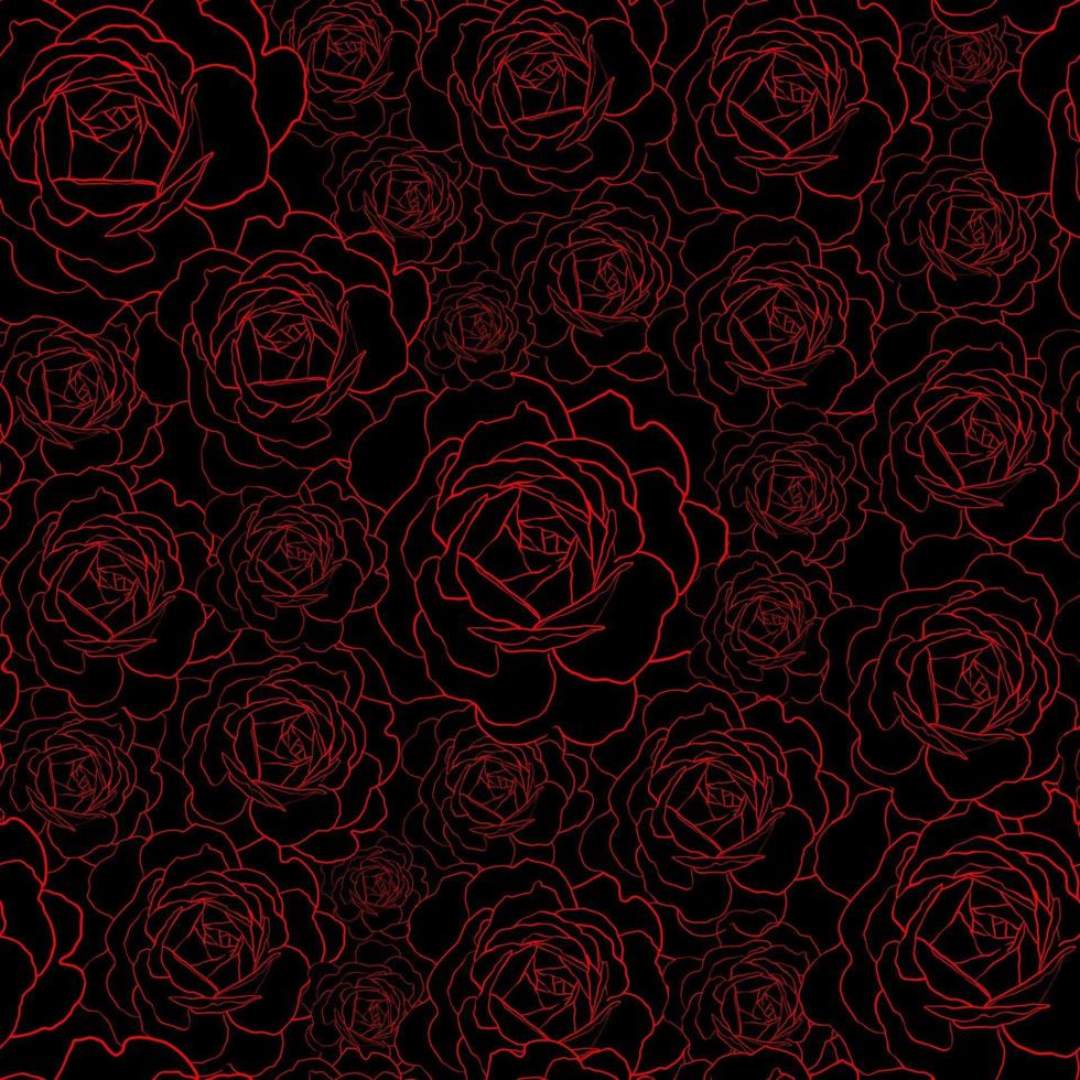 modèle sans couture avec contour de fleurs roses rouges sur fond noir. ornement floral dessiné à la main dans le style de croquis. vecteur