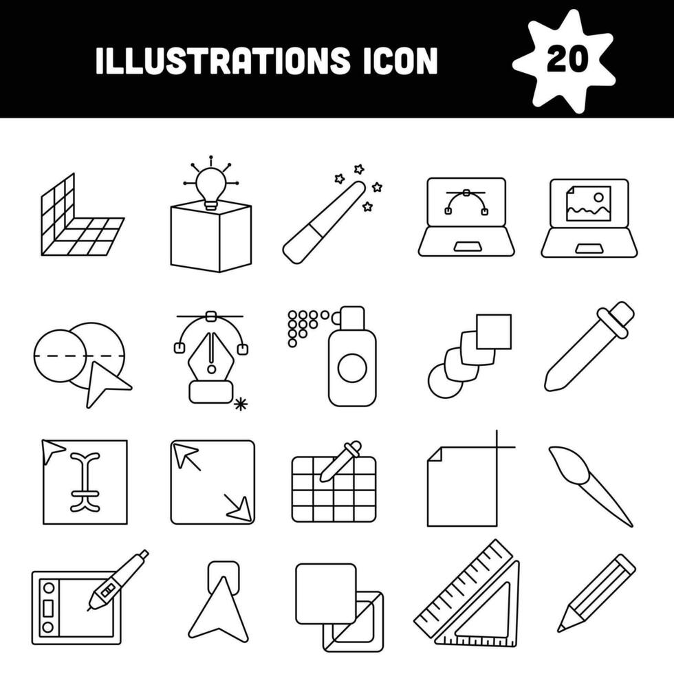 noir ligne art des illustrations ou illustrateur icône ensemble sur blanc Contexte. vecteur