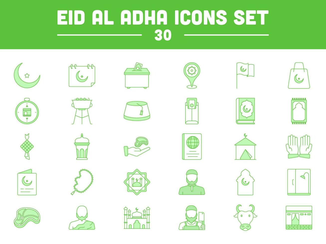 plat style 30 eid Al adha icône ensemble sur blanc carré Contexte. vecteur