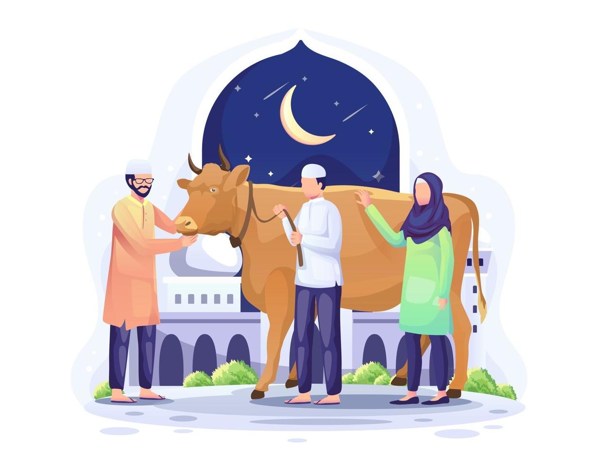 les gens donnent une vache pour être sacrifiée ou qurban sur l'illustration vectorielle eid al adha mubarak vecteur