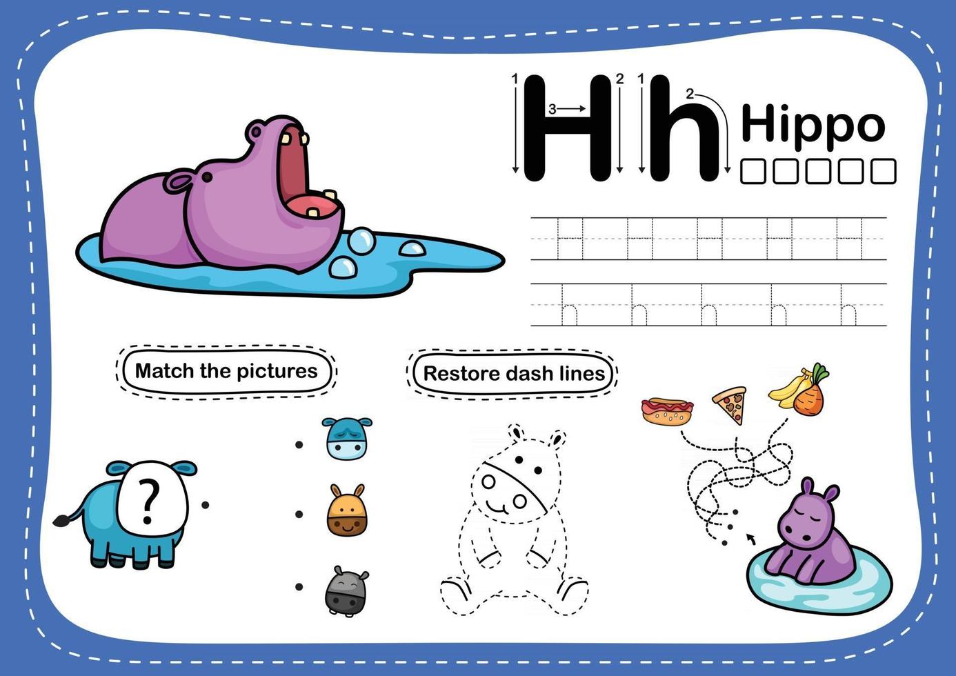 alphabet lettre h hippopotame exercice avec illustration de vocabulaire de dessin animé vecteur