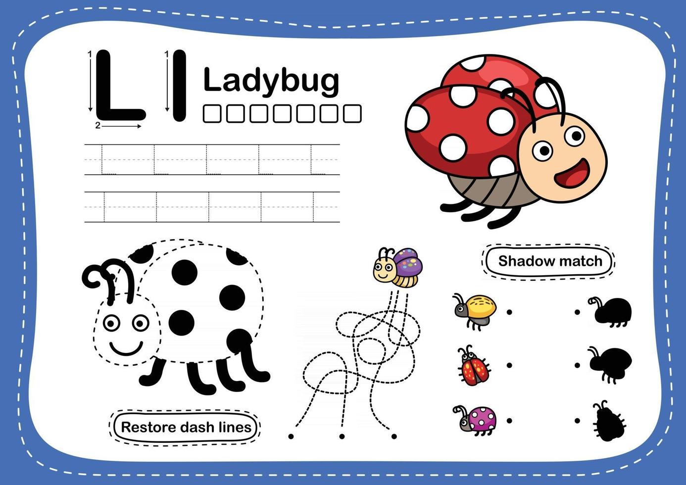 lettre de l alphabet l exercice de coccinelle avec illustration de vocabulaire de dessin animé vecteur