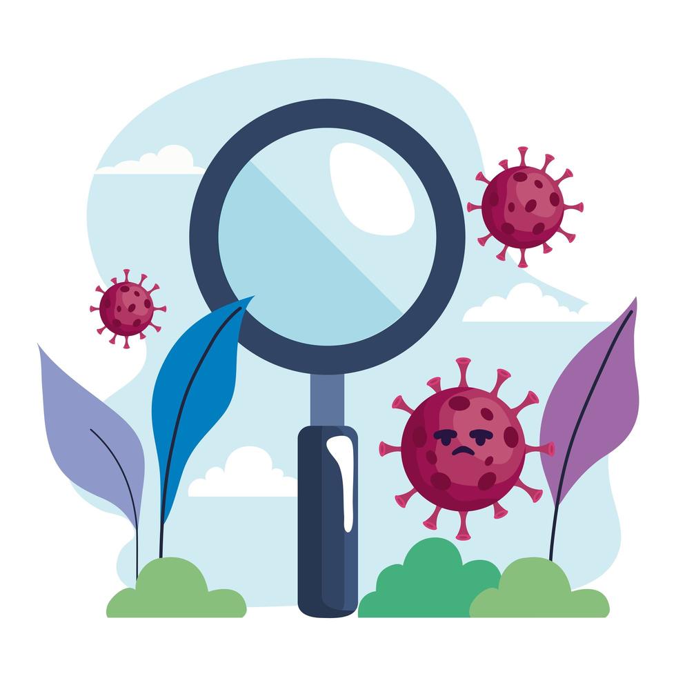 Particules de virus covid19 avec loupe dans le camp vecteur