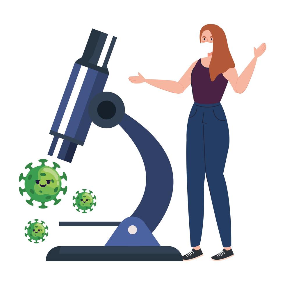 femme portant un masque médical et des caractères de particules covid19 avec microscope vecteur