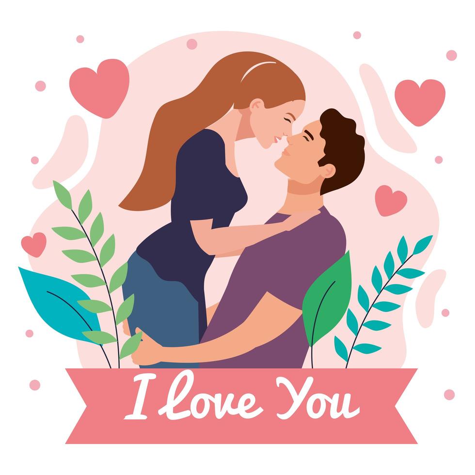 couple de jeunes amoureux soulevant et embrassant avec lettrage en ruban vecteur